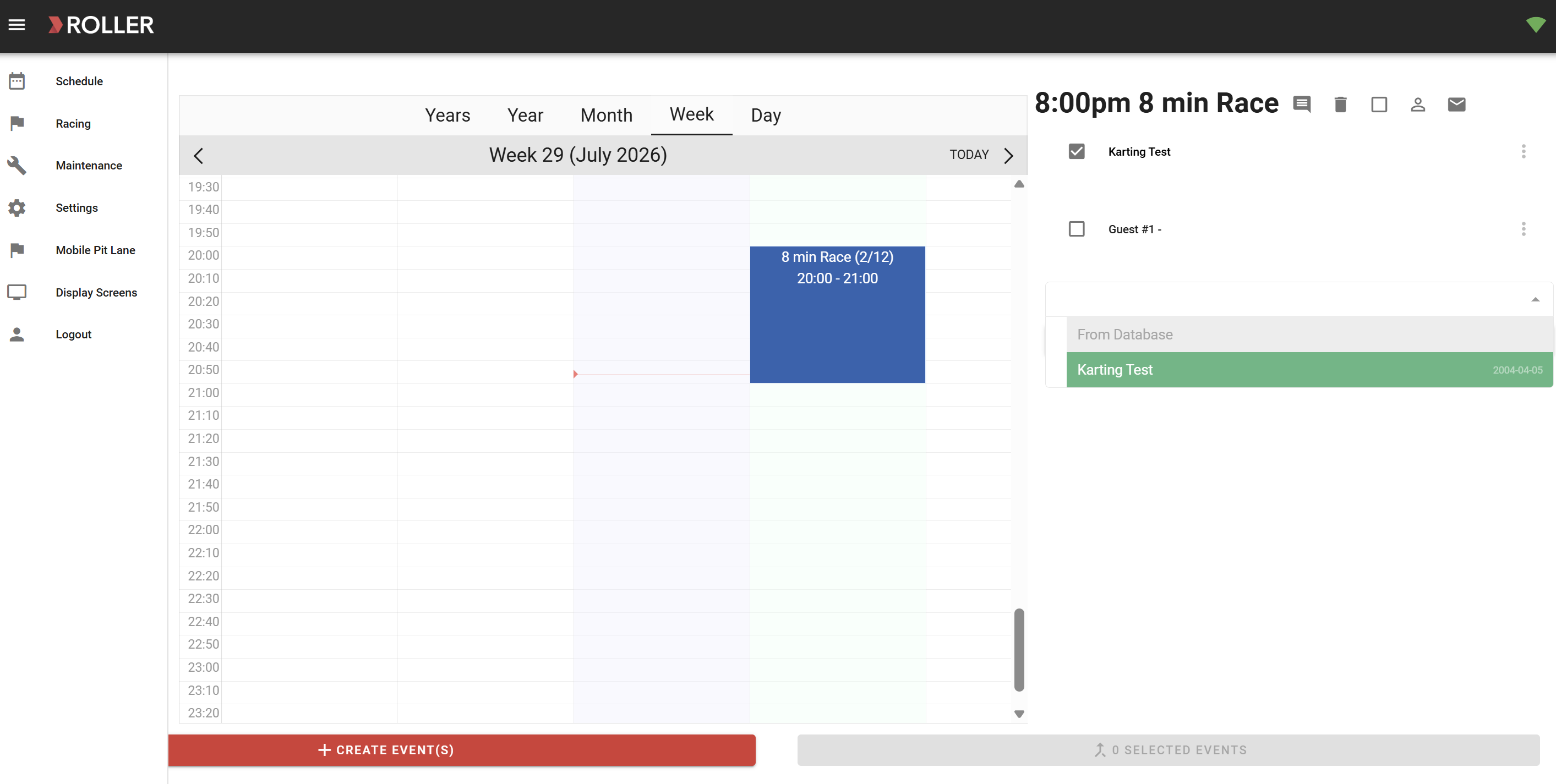 Schedule showing an 8-minute karting race event for July 2026.